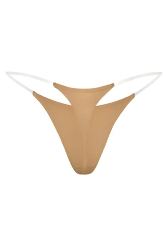Lingerie String en maille sans coutures à bretelles transparentes, couleur caramel