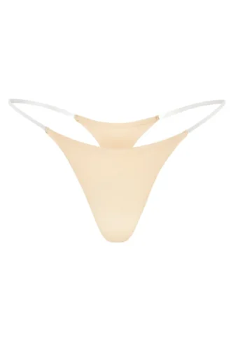 Lingerie String en maille sans coutures à bretelles transparentes, couleur pêche chaud