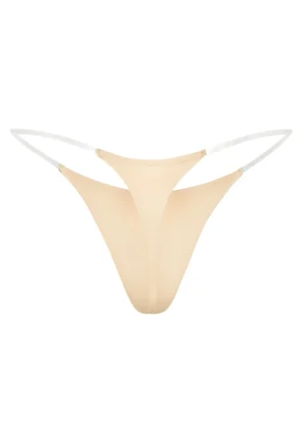 Lingerie String en maille sans coutures à bretelles transparentes, couleur pêche chaud
