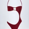 Maillot de bain 1 pièce bandeau à découpes et perles Miami, couleur cerise foncée Maillot de bain 1 pièce bandeau à découpes et perles Miami, couleur cerise foncée