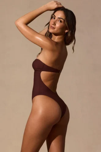 Maillot de bain 1 pièce bandeau à découpes Faye, couleur brun espresso