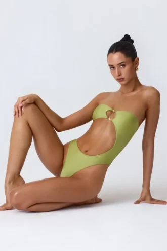 Maillot de bain 1 pièce bandeau à découpes orné de perles Miami, vert poire