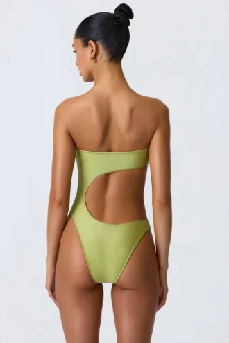 Maillot de bain 1 pièce bandeau à découpes orné de perles Miami, vert poire