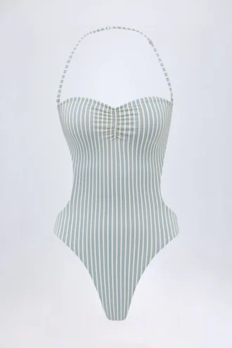 Maillot de bain 1 pièce dos nu à découpes Biarritz à double rayure bleu sarcelle