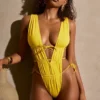 Maillot de bain 1 pièce froncé et ajouré Syros en jaune doré Maillot de bain 1 pièce froncé et ajouré Syros en jaune doré