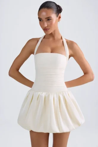 Micro-mini-robe corset à encolure dos nu et ourlet bouffant à lacets Ludmila, couleur ivoire
