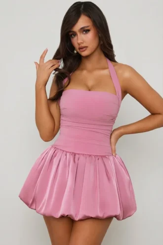 Micro-mini-robe corset à encolure dos nu et ourlet bouffant à lacets Ludmila, couleur mauve