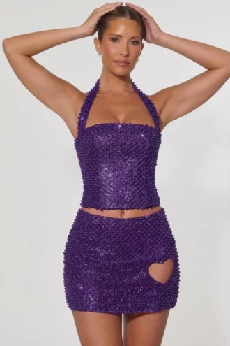 Mini-jupe A-line à détails en forme de cœur brodés Querida, couleur violette