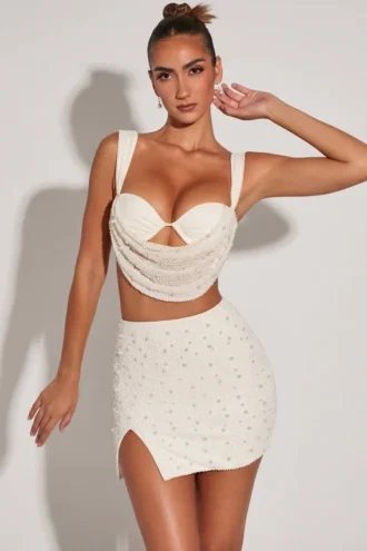 Mini-jupe Belle Ile à taille haute et fente sur la cuisse, en blanc