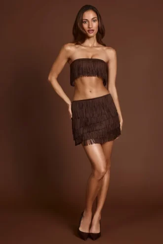 Mini-jupe à franges Maristella à taille mi-haute, couleur chocolat