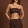Mini-jupe à franges Maristella à taille mi-haute, couleur chocolat