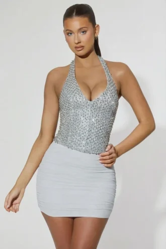 Mini-jupe froncée Drea à taille mi-haute, couleur argent