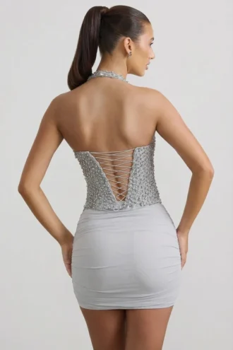 Mini-jupe froncée Drea à taille mi-haute, couleur argent
