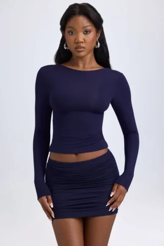 Mini-jupe froncée à taille mi-haute en modal Cali, bleu marine