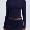 Mini-jupe froncée à taille mi-haute en modal Cali, bleu marine