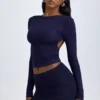 Mini-jupe froncée à taille mi-haute en modal Cali, bleu marine