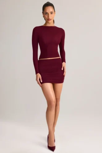 Mini-jupe froncée à taille mi-haute en modal Cali, couleur rouge vin