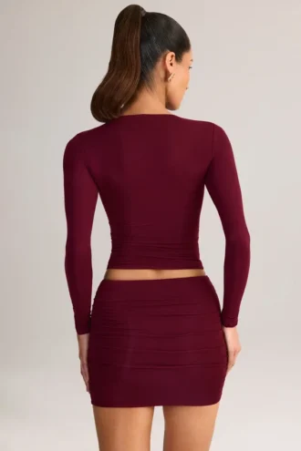 Mini-jupe froncée à taille mi-haute en modal Cali, couleur rouge vin