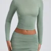 Mini-jupe froncée à taille mi-haute en modal Cali, vert sauge