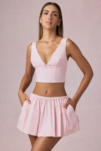Mini-jupe Maira à cordon et fronces, rayures mauve pâle