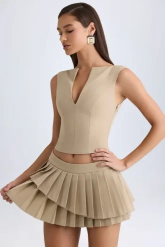 Mini-jupe plissée à volants et taille basse Nada, couleur camel