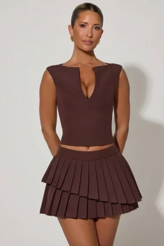 Mini-jupe plissée à volants et taille basse Nada, couleur chocolat