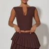 Mini-jupe plissée à volants et taille basse Nada, couleur chocolat Mini-jupe plissée à volants et taille basse Nada, couleur chocolat