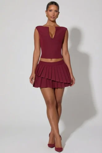 Mini-jupe plissée à volants et taille basse Nada, couleur rouge vin