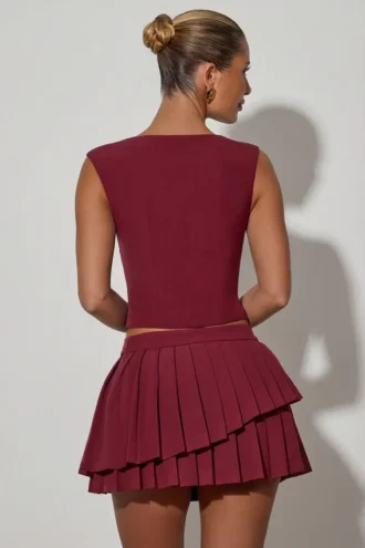 Mini-jupe plissée à volants et taille basse Nada, couleur rouge vin