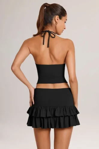 Mini-jupe-short Azaria en modal à volants et taille mi-haute, en noir