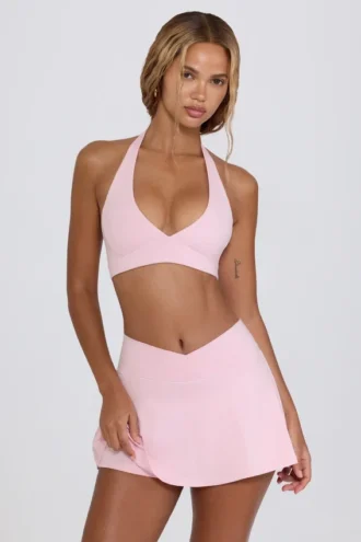 Mini-jupe-short croisée en jersey brossé, couleur rose pâle chiné