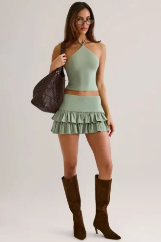 Mini-jupe-short à volants en modal Azaria, taille mi-haute, vert sauge