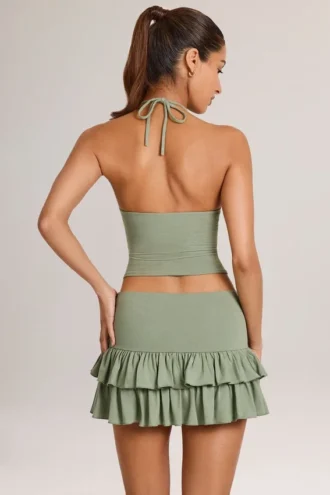 Mini-jupe-short à volants en modal Azaria, taille mi-haute, vert sauge