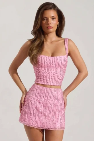 Mini-jupe taille basse ornée Jianna en rose