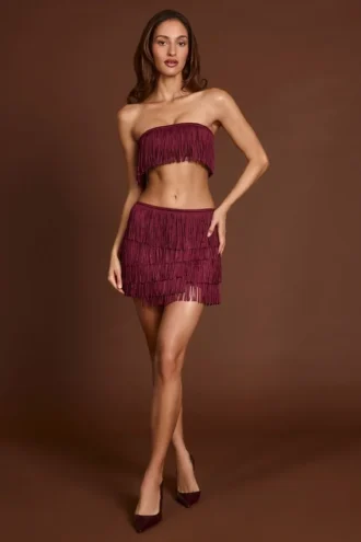 Mini-jupe à taille mi-haute et franges Maristella, couleur rouge vin