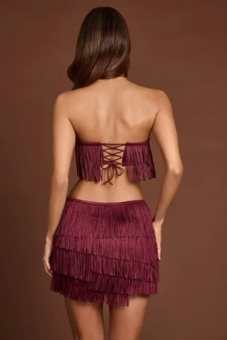 Mini-jupe à taille mi-haute et franges Maristella, couleur rouge vin