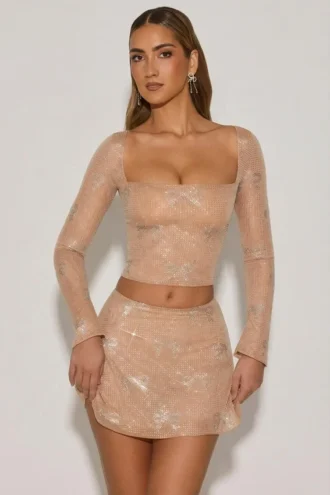 Mini-jupe évasée à taille mi-haute Nolene ornée, couleur amande