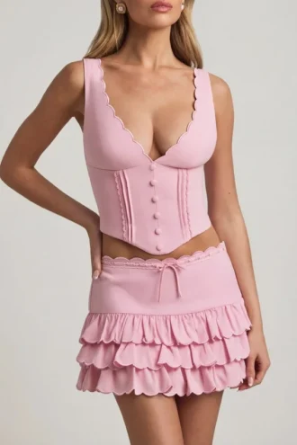 Mini-jupe à volants superposés et taille basse Lorena, rose pâle