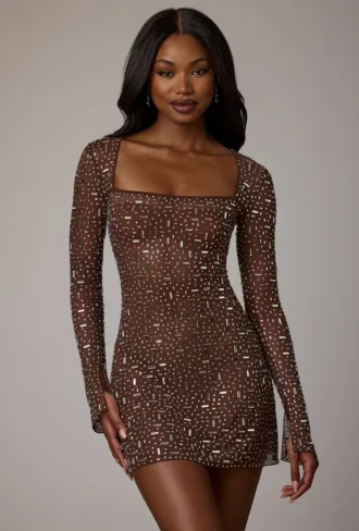Mini-robe A-line à manches longues et ornements transparents Zeta, couleur Deep Cocoa