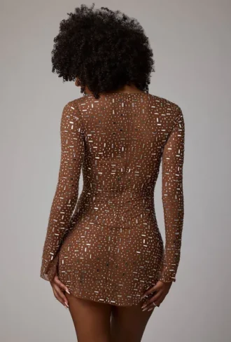 Mini-robe A-line à manches longues transparente et ornée Zeta, couleur Mocha