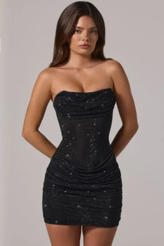 Mini-robe bandeau à col bénitier et taille drapée Zara, noire