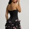Mini-robe bustier à volants et corset Juliet, imprimé floral noir Mini-robe bustier à volants et corset Juliet, imprimé floral noir