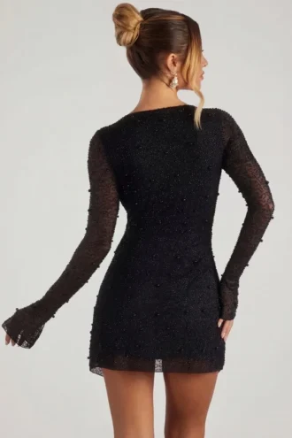 Mini-robe cache-cœur évasée Chelsea ornée, en noir