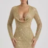 Mini-robe à col bénitier ornée Arlowe, couleur or
