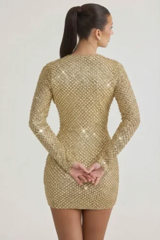 Mini-robe à col bénitier ornée Arlowe, couleur or