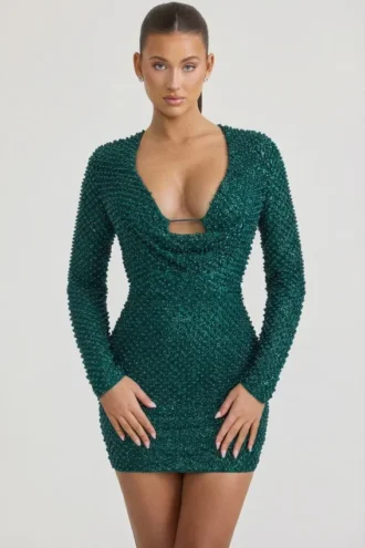 Mini-robe à col bénitier ornée Arlowe, vert sarcelle