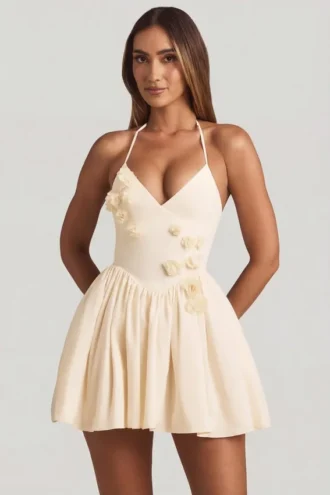 Mini-robe corset à dos nu Augusta avec appliqués floraux, couleur ivoire