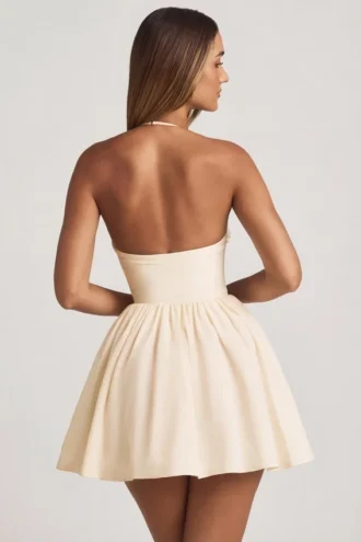 Mini-robe corset à dos nu Augusta avec appliqués floraux, couleur ivoire