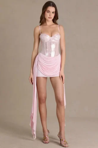 Mini-robe corset en dentelle brodée Genevieve, rose pâle