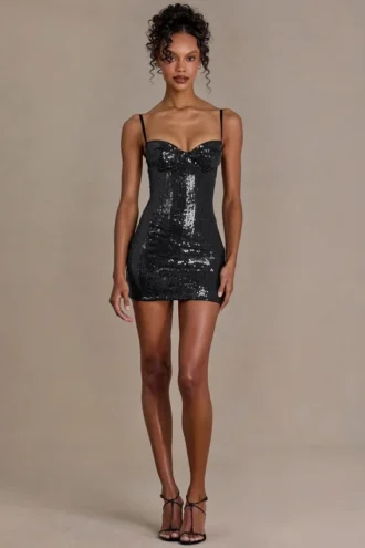 Mini-robe corset en dentelle à paillettes Theodora Premium, couleur noire